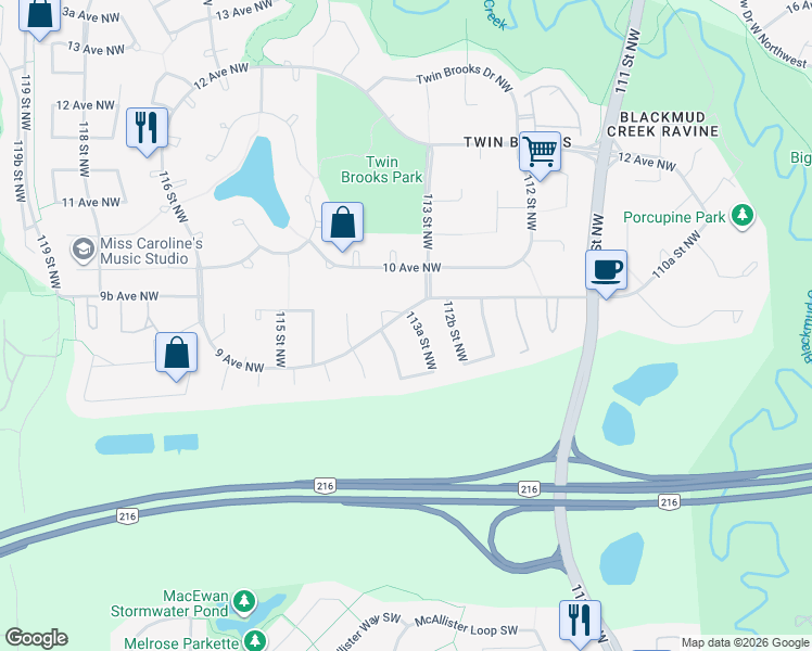 map of restaurants, bars, coffee shops, grocery stores, and more near 840 113A Street Northwest in Edmonton