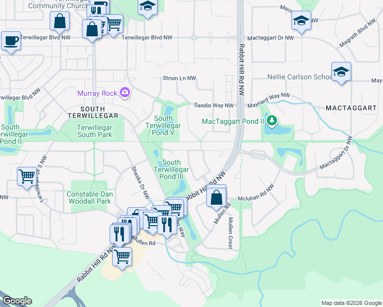 map of restaurants, bars, coffee shops, grocery stores, and more near 7376 Singer Way Northwest in Edmonton