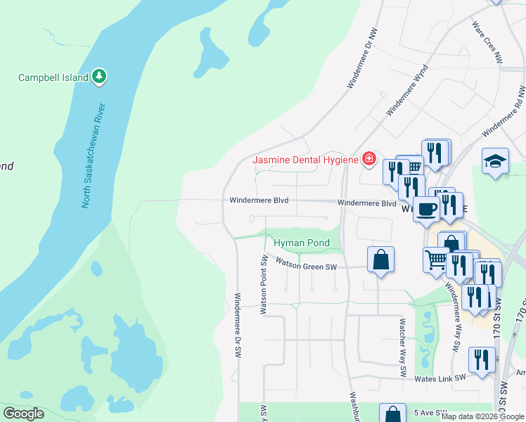 map of restaurants, bars, coffee shops, grocery stores, and more near 3044 Watson Landing Southwest in Edmonton