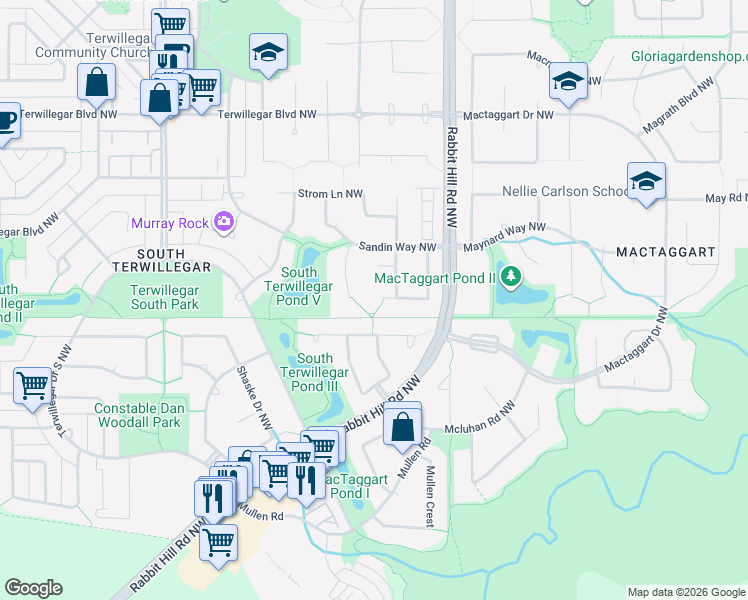 map of restaurants, bars, coffee shops, grocery stores, and more near 6451 Sandin Crescent Northwest in Edmonton