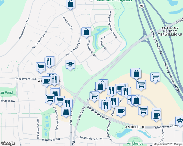 map of restaurants, bars, coffee shops, grocery stores, and more near 3715 Whitelaw Lane Northwest in Edmonton