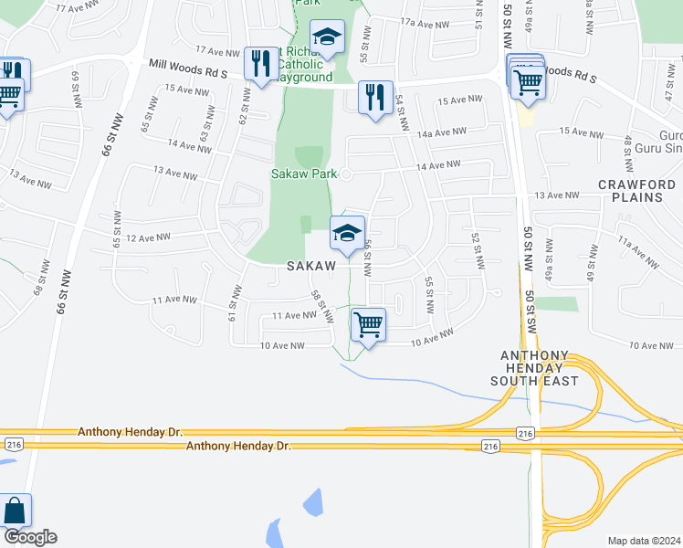 map of restaurants, bars, coffee shops, grocery stores, and more near 5703 11A Avenue Northwest in Edmonton