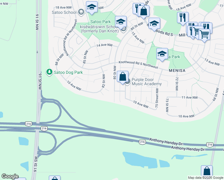map of restaurants, bars, coffee shops, grocery stores, and more near 1028 80 Street Northwest in Edmonton