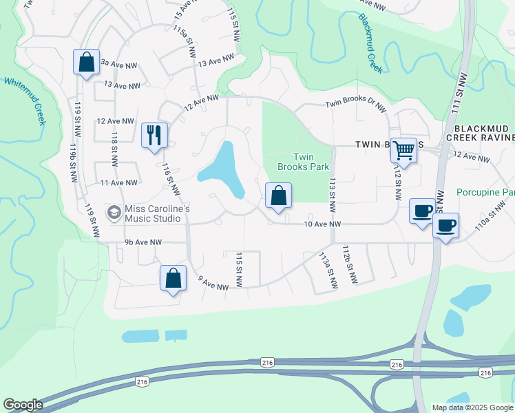 map of restaurants, bars, coffee shops, grocery stores, and more near Twin Brooks Cove Northwest in Edmonton