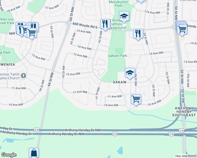 map of restaurants, bars, coffee shops, grocery stores, and more near 604 62 Street Northwest in Edmonton