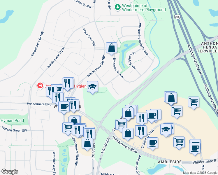 map of restaurants, bars, coffee shops, grocery stores, and more near 3719 Whitelaw Lane Northwest in Edmonton