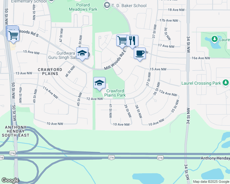 map of restaurants, bars, coffee shops, grocery stores, and more near 4012 12 Avenue Northwest in Edmonton