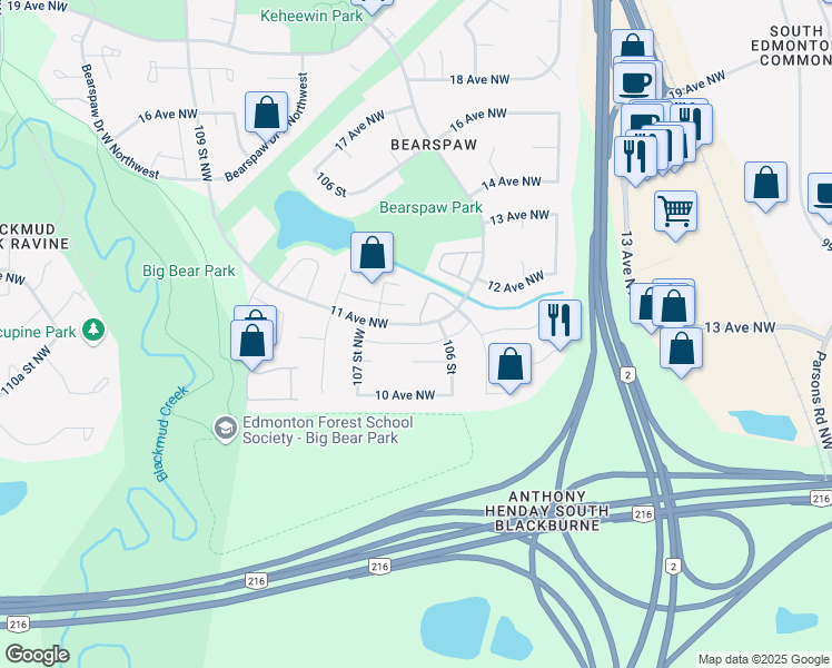 map of restaurants, bars, coffee shops, grocery stores, and more near 10615 11 Avenue Northwest in Edmonton