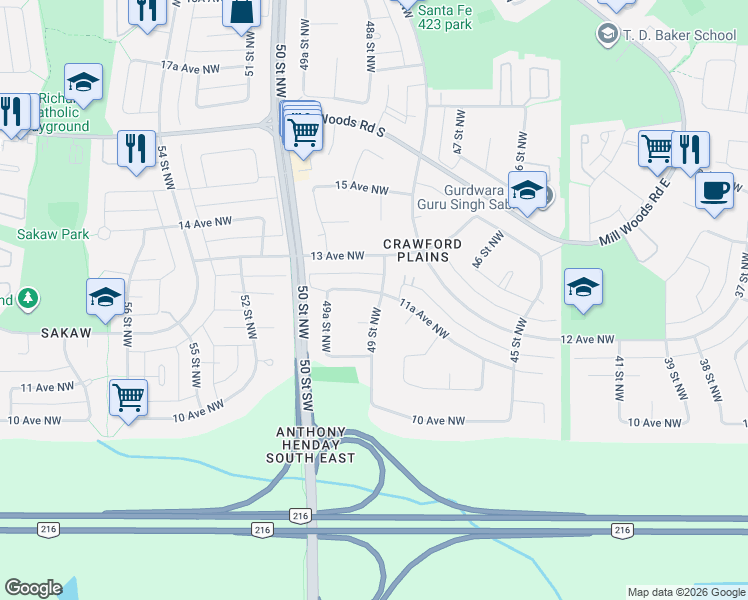 map of restaurants, bars, coffee shops, grocery stores, and more near 4903 13 Avenue Northwest in Edmonton
