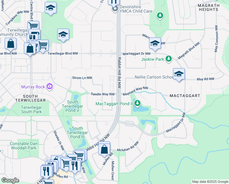 map of restaurants, bars, coffee shops, grocery stores, and more near 6304 Sandin Way Northwest in Edmonton
