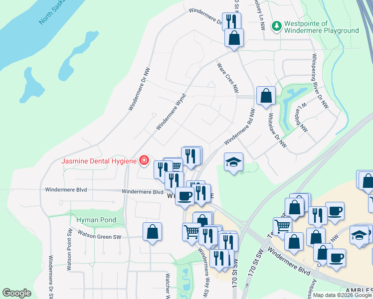 map of restaurants, bars, coffee shops, grocery stores, and more near 394 Windermere Road Northwest in Edmonton