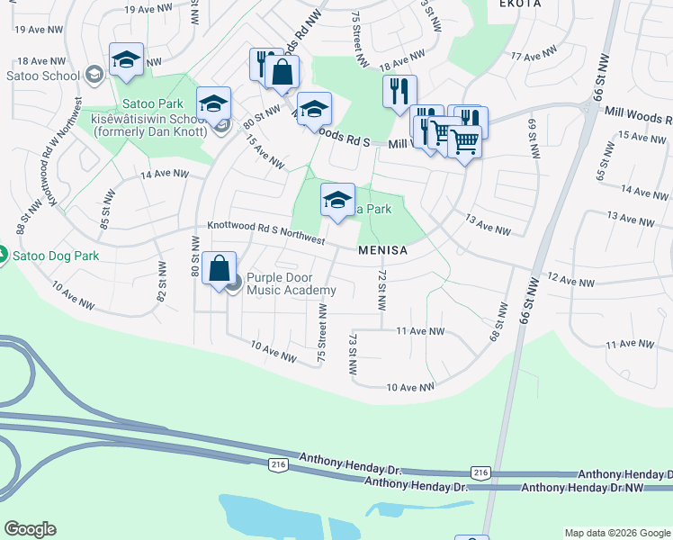 map of restaurants, bars, coffee shops, grocery stores, and more near 1171 75 Street Northwest in Edmonton