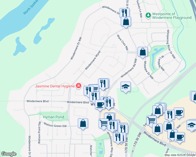 map of restaurants, bars, coffee shops, grocery stores, and more near 394 Windermere Road Northwest in Edmonton