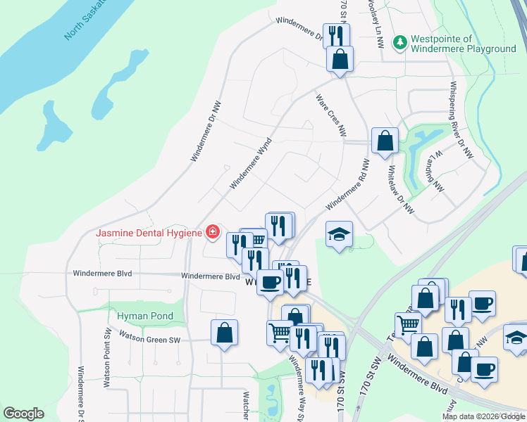 map of restaurants, bars, coffee shops, grocery stores, and more near 394 Windermere Road Northwest in Edmonton