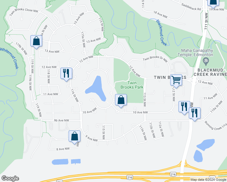 map of restaurants, bars, coffee shops, grocery stores, and more near 17 Twin Brooks Cove Northwest in Edmonton