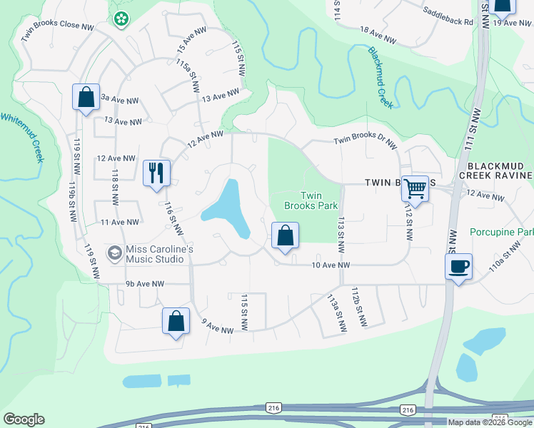 map of restaurants, bars, coffee shops, grocery stores, and more near 103 Twin Brooks Cove Northwest in Edmonton
