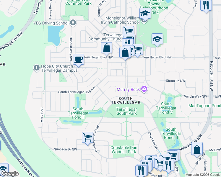 map of restaurants, bars, coffee shops, grocery stores, and more near 6125 Stinson Way Northwest in Edmonton