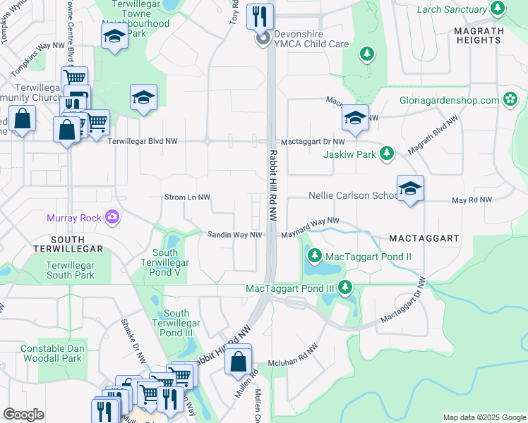 map of restaurants, bars, coffee shops, grocery stores, and more near 6304 Sandin Way Northwest in Edmonton