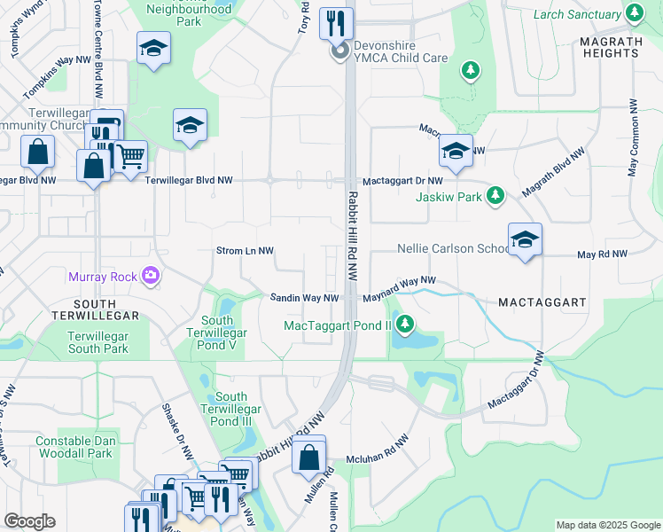 map of restaurants, bars, coffee shops, grocery stores, and more near 39-6304 Sandin Way Northwest in Edmonton