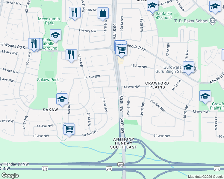 map of restaurants, bars, coffee shops, grocery stores, and more near 5019 13 Avenue Northwest in Edmonton