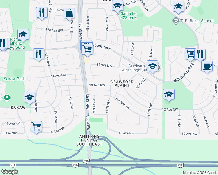 map of restaurants, bars, coffee shops, grocery stores, and more near 4903 13 Avenue Northwest in Edmonton