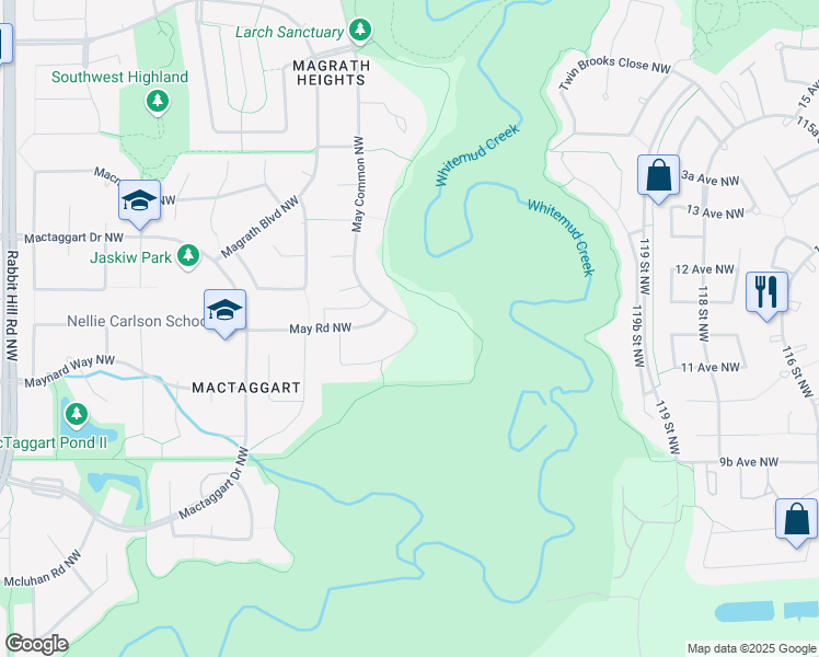 map of restaurants, bars, coffee shops, grocery stores, and more near 7130 May Crescent Northwest in Edmonton