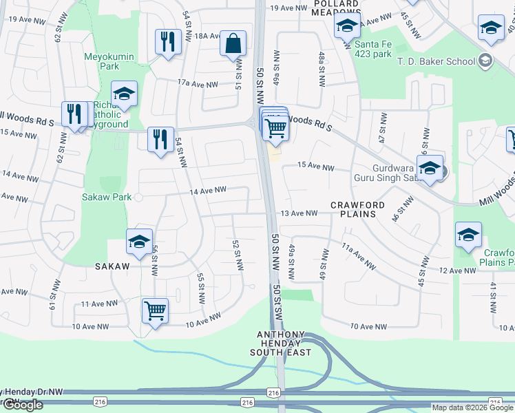 map of restaurants, bars, coffee shops, grocery stores, and more near 5019 13 Avenue Northwest in Edmonton