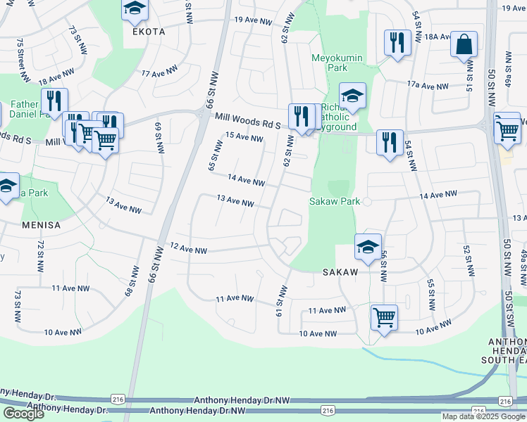 map of restaurants, bars, coffee shops, grocery stores, and more near 1234 62 Street Northwest in Edmonton