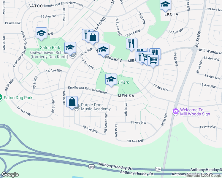 map of restaurants, bars, coffee shops, grocery stores, and more near 933 Knottwood Road South Northwest in Edmonton