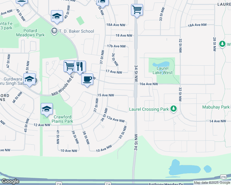 map of restaurants, bars, coffee shops, grocery stores, and more near 3527 16A Avenue Northwest in Edmonton