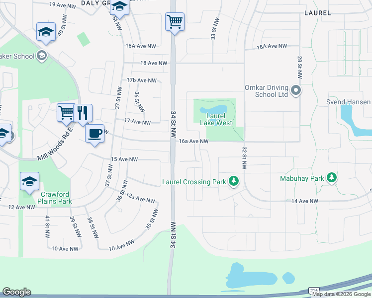 map of restaurants, bars, coffee shops, grocery stores, and more near 3357 16A Avenue Northwest in Edmonton