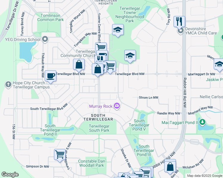 map of restaurants, bars, coffee shops, grocery stores, and more near 4920 Terwillegar Common Northwest in Edmonton
