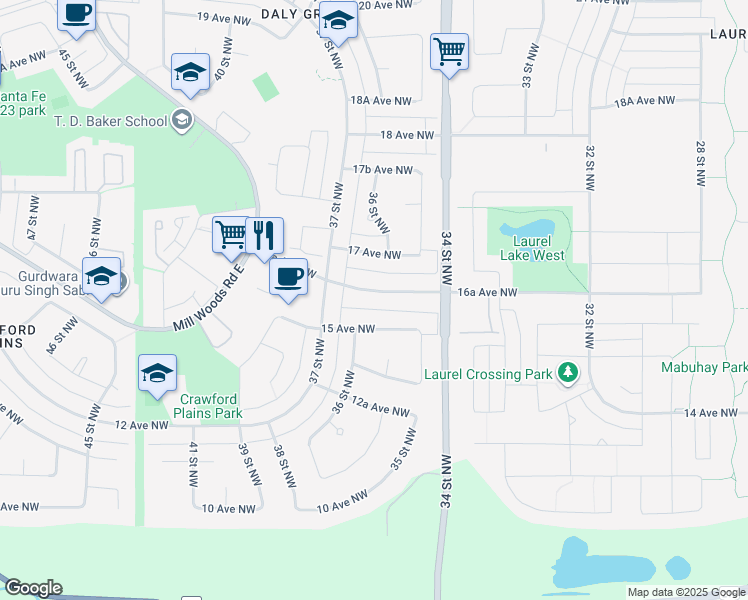 map of restaurants, bars, coffee shops, grocery stores, and more near 3527 16A Avenue Northwest in Edmonton