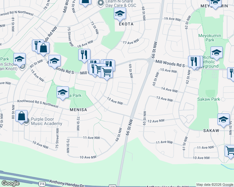 map of restaurants, bars, coffee shops, grocery stores, and more near 6935 14 Avenue Northwest in Edmonton