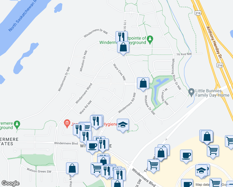 map of restaurants, bars, coffee shops, grocery stores, and more near 2124 Ware Road Northwest in Edmonton