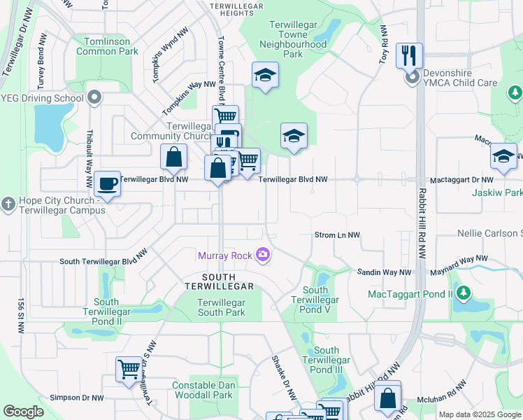 map of restaurants, bars, coffee shops, grocery stores, and more near 4920 Terwillegar Common Northwest in Edmonton