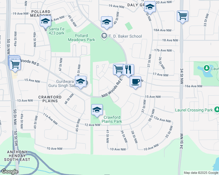 map of restaurants, bars, coffee shops, grocery stores, and more near 1627 42 Street Northwest in Edmonton