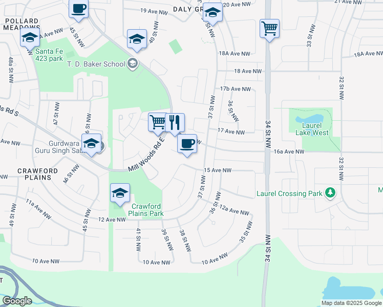 map of restaurants, bars, coffee shops, grocery stores, and more near 1554 37 Street Northwest in Edmonton