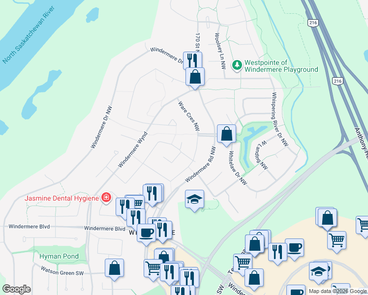 map of restaurants, bars, coffee shops, grocery stores, and more near 2124 Ware Road Northwest in Edmonton