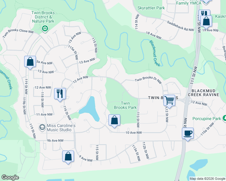 map of restaurants, bars, coffee shops, grocery stores, and more near 520 Twin Brooks Bay Northwest in Edmonton