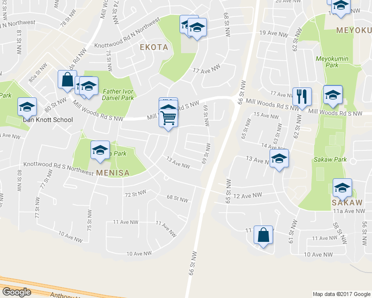 map of restaurants, bars, coffee shops, grocery stores, and more near 6935 14 Avenue Northwest in Edmonton