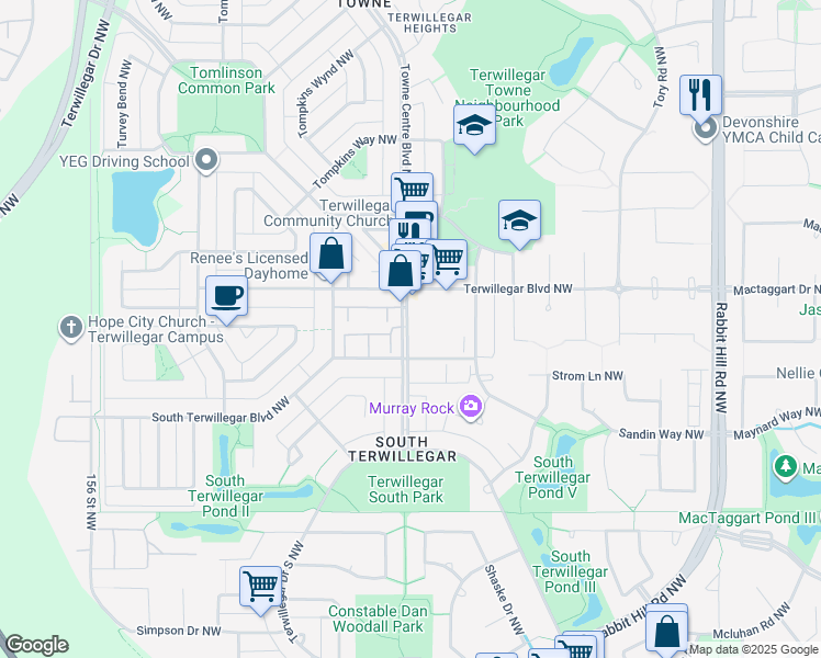 map of restaurants, bars, coffee shops, grocery stores, and more near 1623 Towne Centre Boulevard Northwest in Edmonton