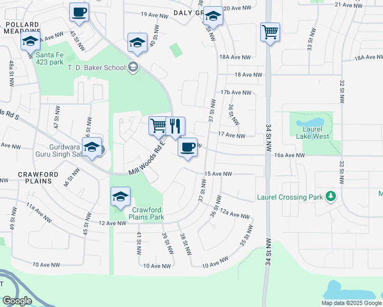 map of restaurants, bars, coffee shops, grocery stores, and more near 1554 37 Street Northwest in Edmonton