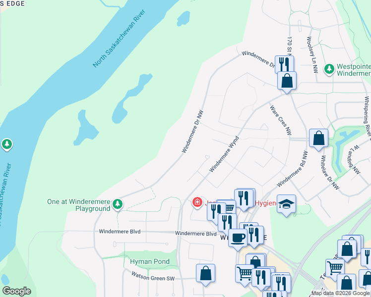 map of restaurants, bars, coffee shops, grocery stores, and more near Windermere Drive Northwest in Edmonton