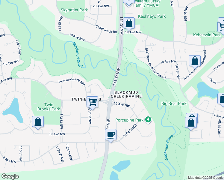 map of restaurants, bars, coffee shops, grocery stores, and more near 1804 111 Street Northwest in Edmonton