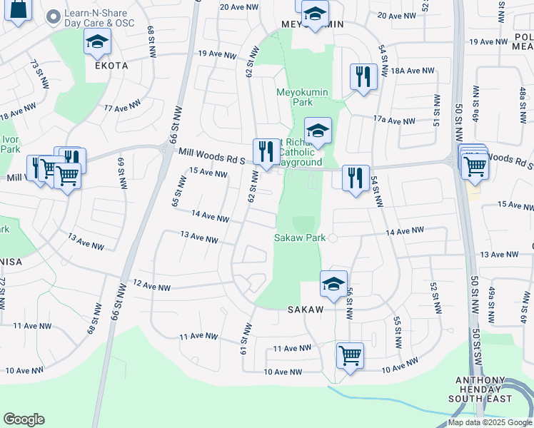 map of restaurants, bars, coffee shops, grocery stores, and more near 1415 62 Street Northwest in Edmonton