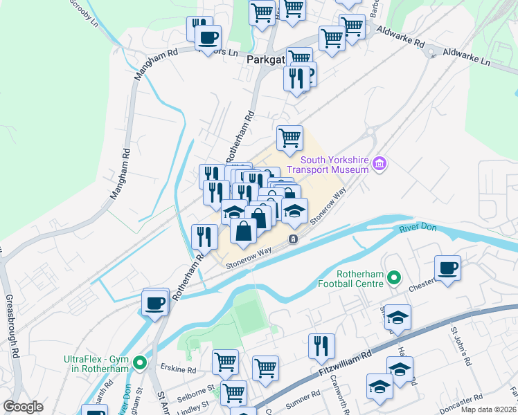map of restaurants, bars, coffee shops, grocery stores, and more near in Parkgate