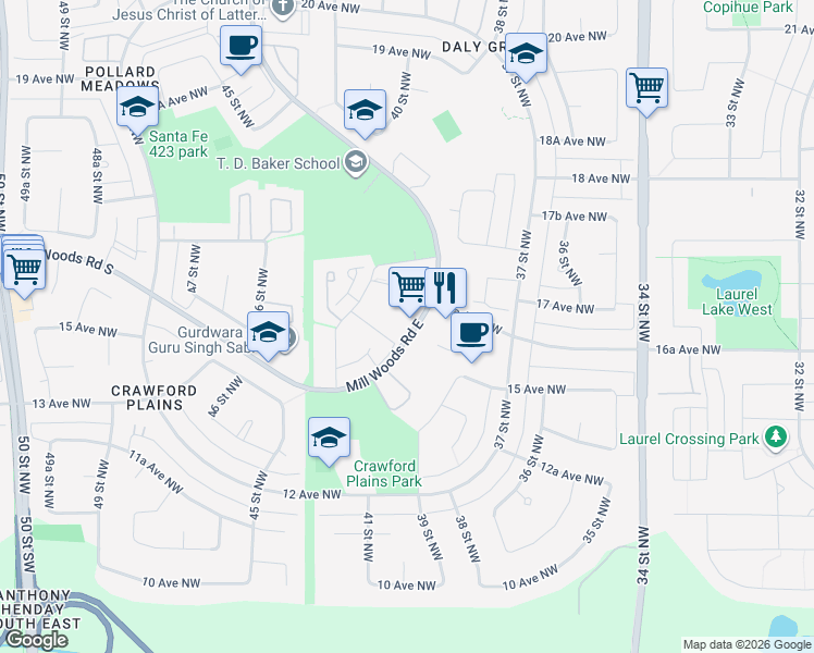 map of restaurants, bars, coffee shops, grocery stores, and more near 4-1580 Mill Woods Road East in Edmonton