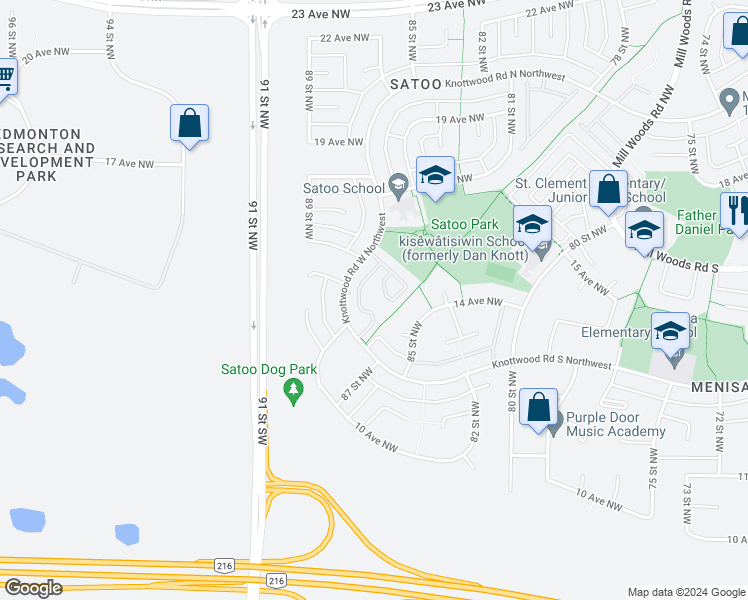 map of restaurants, bars, coffee shops, grocery stores, and more near 519 Knottwood Road West Northwest in Edmonton