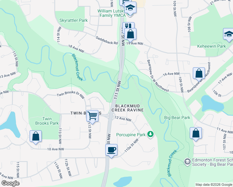 map of restaurants, bars, coffee shops, grocery stores, and more near 1815 111 Street Northwest in Edmonton